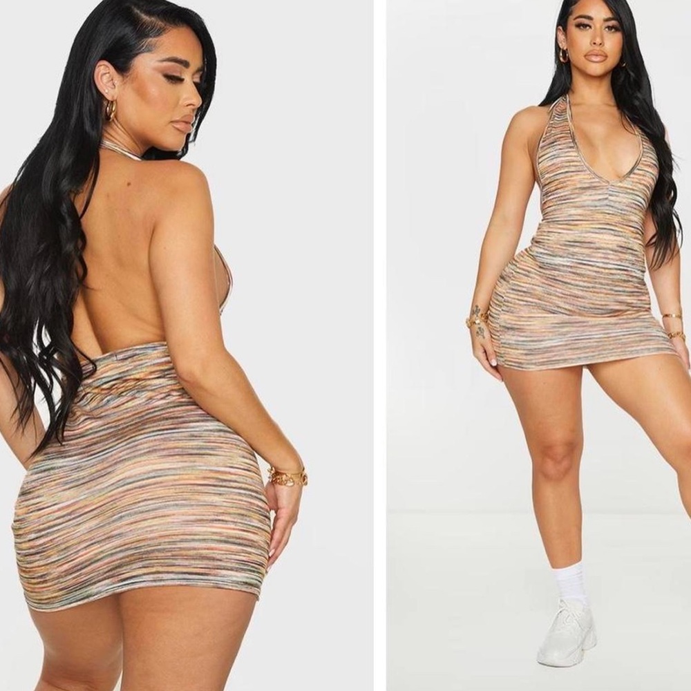 Pretty Little Thing Multi Stripe Jersey Halterneck Bodycon Dress